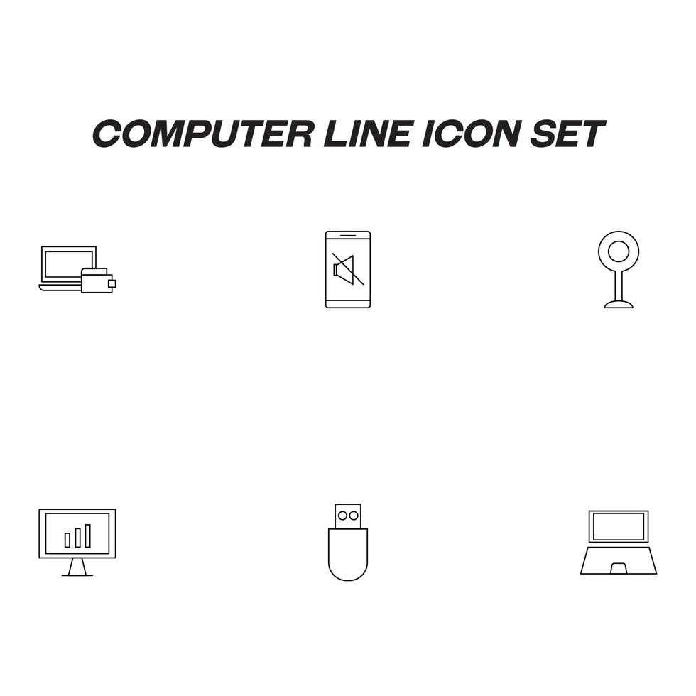 Computer line icon set drawed with thin line. Vector outline symbols of online payment, silent mode, web camera, progress bar, compact flash card, modern laptop