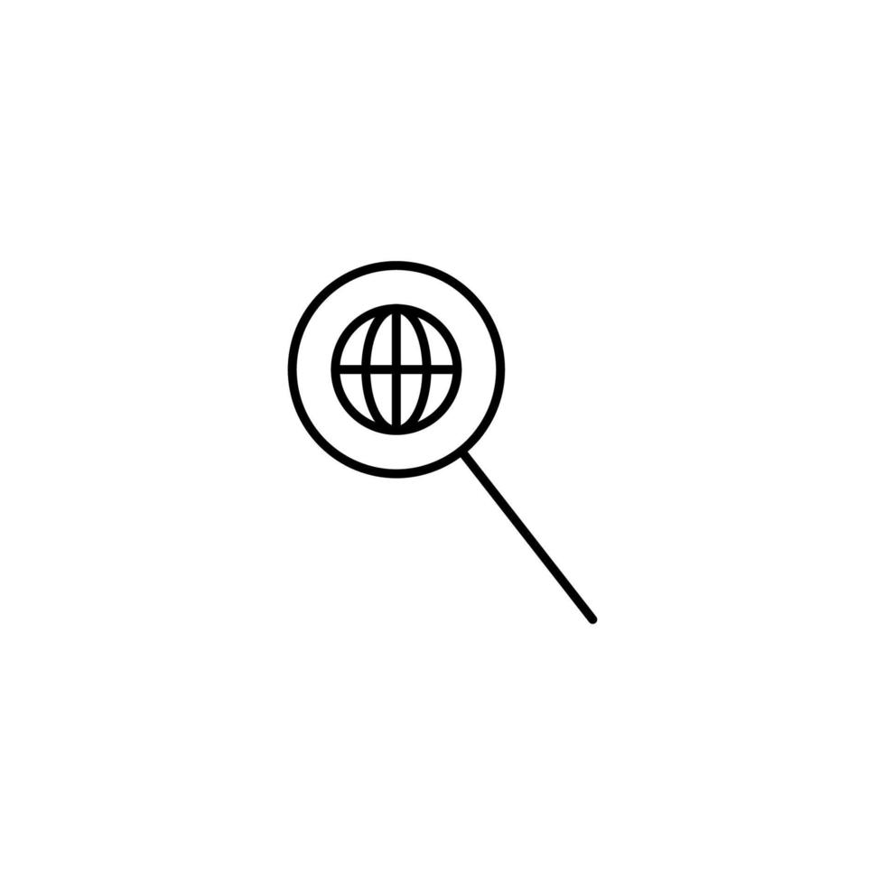 Outline symbols in flat style. Modern signs drawn with thin line. Editable strokes. Suitable for advertisements, books, internet stores. Line icon of globe or earth planet under magnifying glass vector