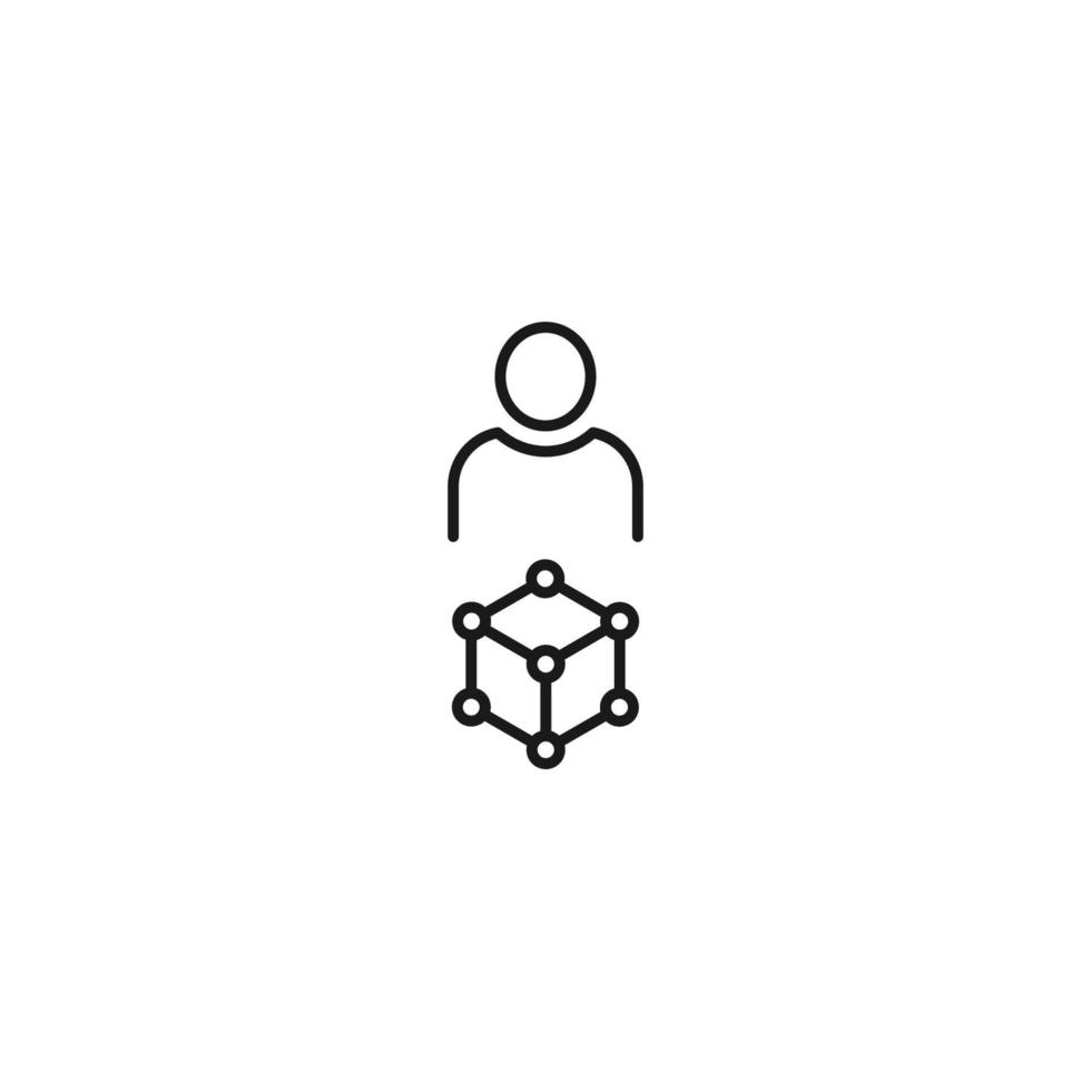 Black and white sign suitable for advertisement, web sites, stores, shops, apps. Editable stroke drawn with thin black line. Vector icon of user next to chemical compound