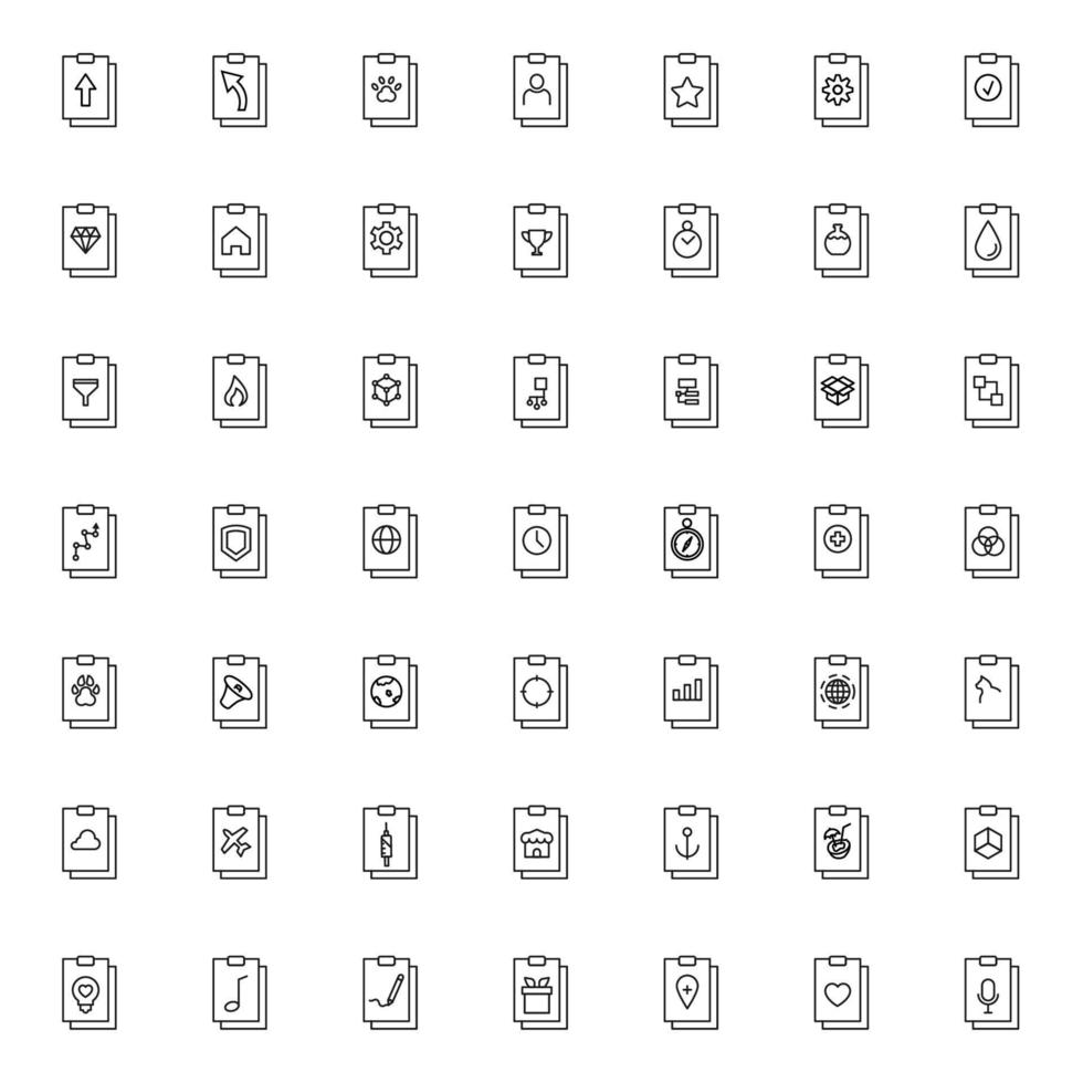 Document, office, contract and agreement concept. Monochrome vector sign drawn in flat style. Line icon set with vector signs on clipboard