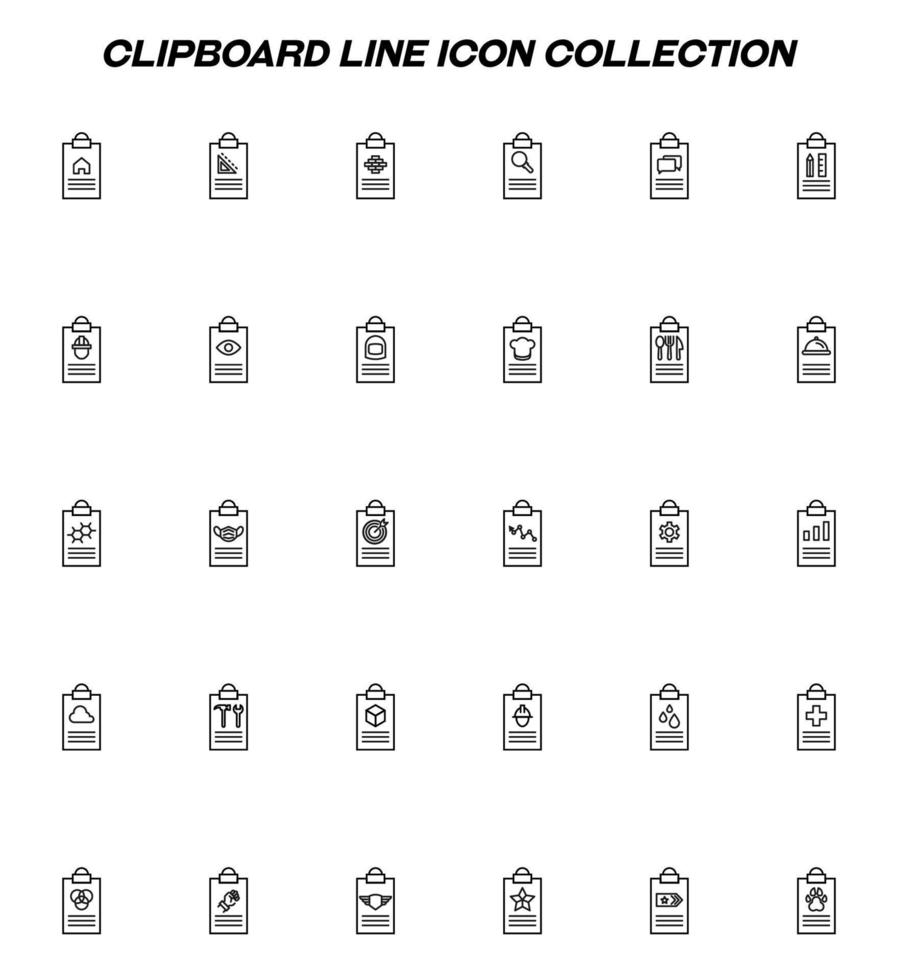 Document on clipboard signs. Vector outline symbols in flat style. Line icon set with icons of house, loupe, wall, kitchen utensils, chefs hat, eye etc on clipboard