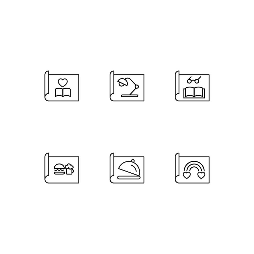 Modern monochrome symbols for web sites, apps, articles, stores, adverts. Editable strokes. Vector icon set with icon of heart over book, table heart, book, lamp, food, bowl, rainbow on sheet