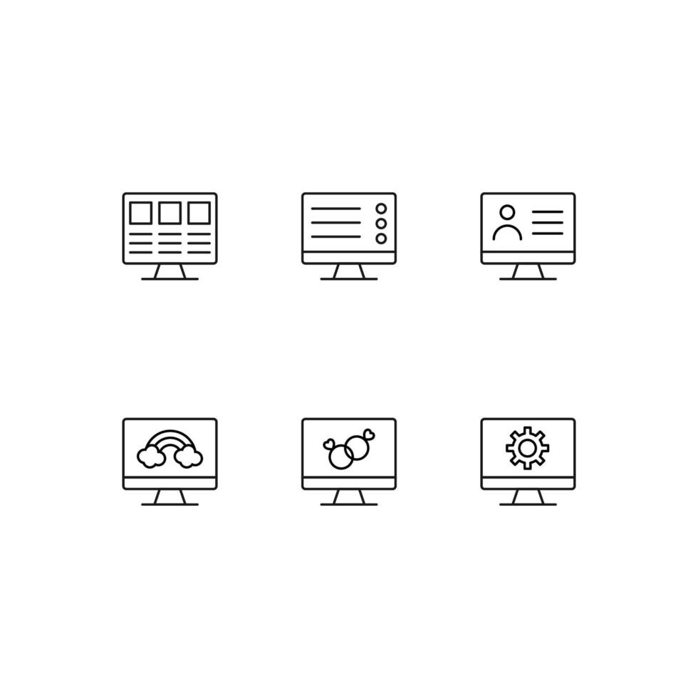 Modern monochrome symbols for web sites, apps, articles, stores, adverts. Vector icon set with icon of web site, resource, social network, rainbow, wedding rings, gear, cogwheel on computer