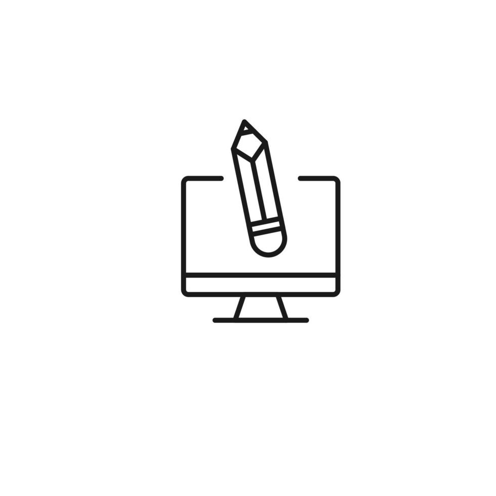 Item on pc monitor. Outline sign suitable for web sites, apps, stores etc. Editable stroke. Vector monochrome line icon of pencil on computer monitor