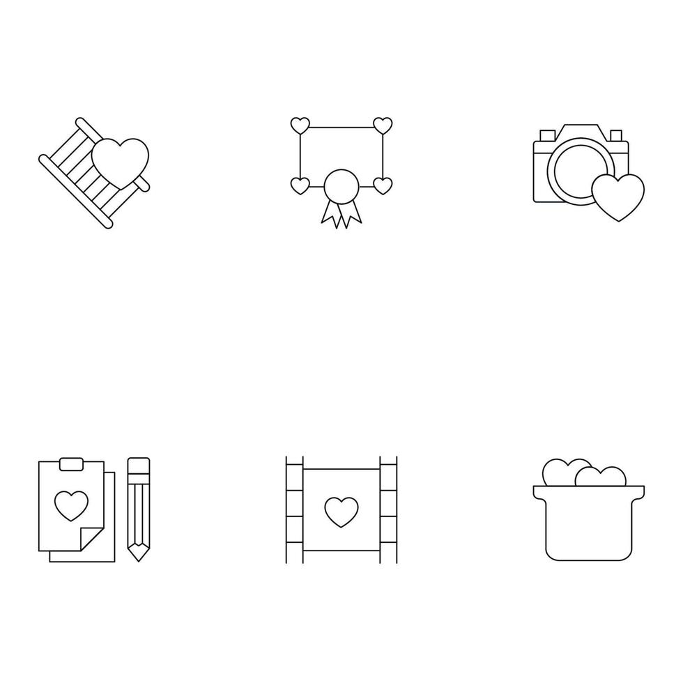 concepto de romance, citas y amor. esbozar símbolos de varias cosas al lado del corazón. iconos de línea de corazón por escalera, premio, cámara fotográfica, trama en papel, película, sartén vector