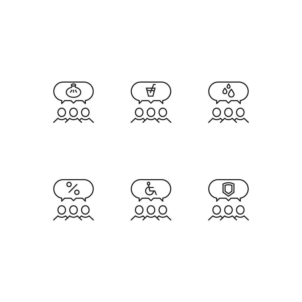 Modern monochrome symbols for web sites, apps, articles, stores, adverts.  Vector icon set with icon of dumpling, cup, drops, percent, disabled person, shield in speech bubble over people