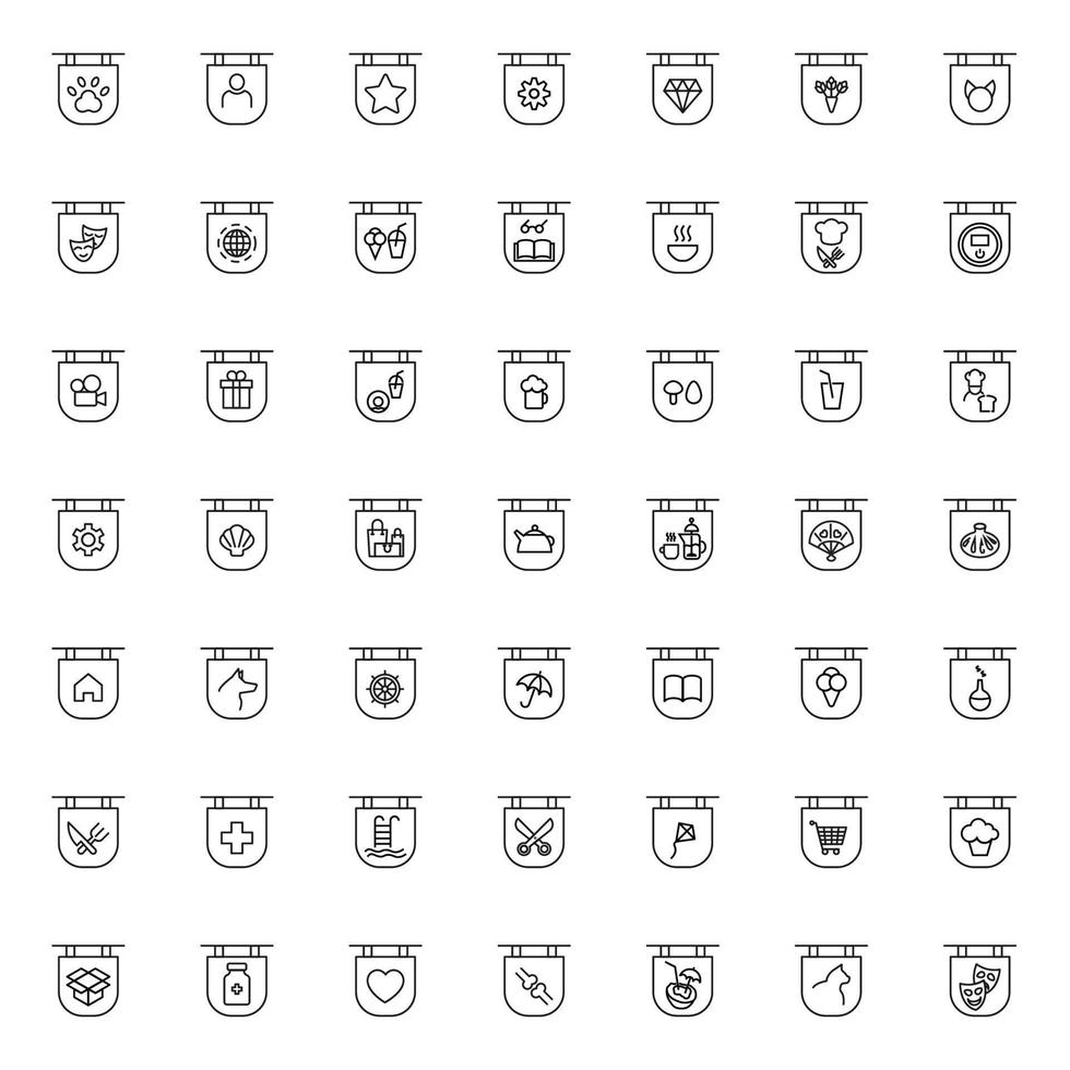 Signboard for shops and stores. Monochrome sign and editable stroke. Star, user, dog paw, cogwheel, diamond, food, box, cat on signboard vector