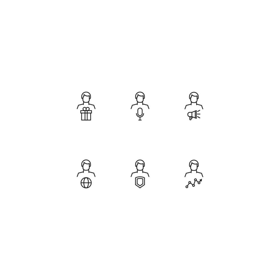 Line icon collection of vector signs and monochrome symbols drawn with black thin line. Suitable for shop, sites, apps. Giftbox, microphone, loud speaker, globe, progress line by man