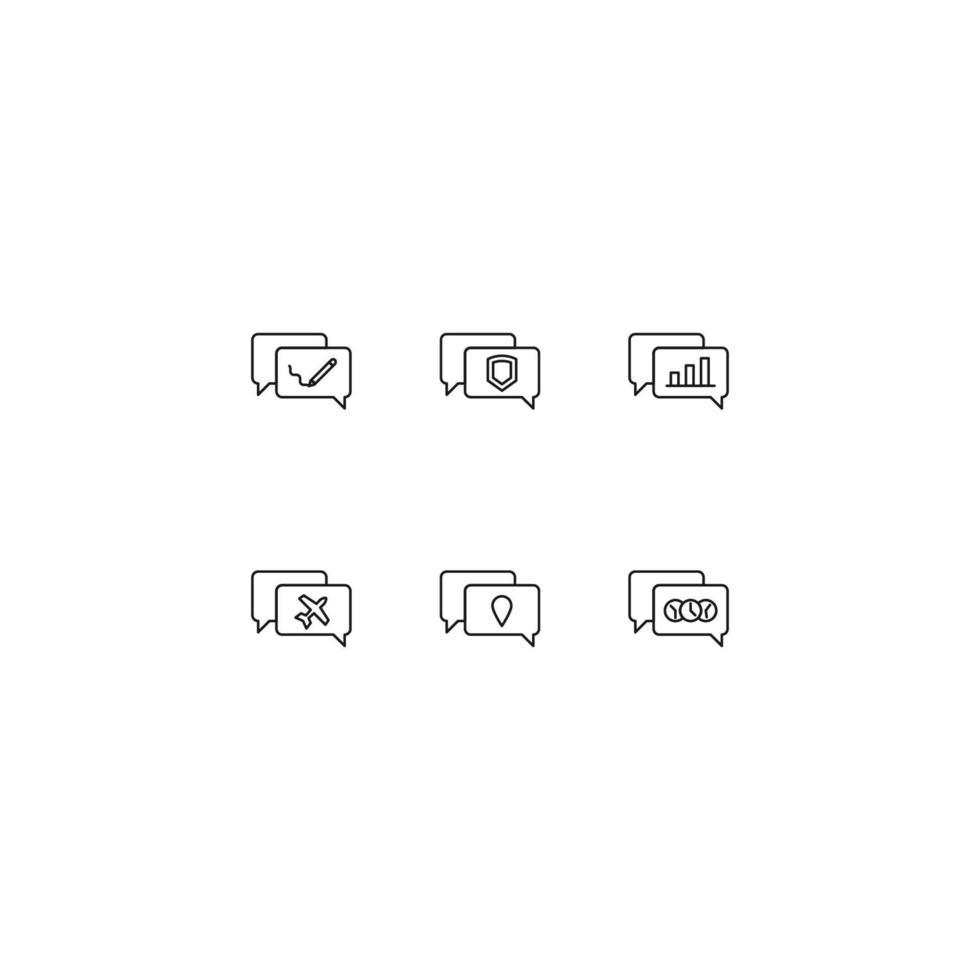 Line icon collection of vector signs and monochrome symbols drawn with black thin line. Suitable for shop, sites, apps. Pencil, shield, progress bar, airplane, geotag, clocks on speech bubble