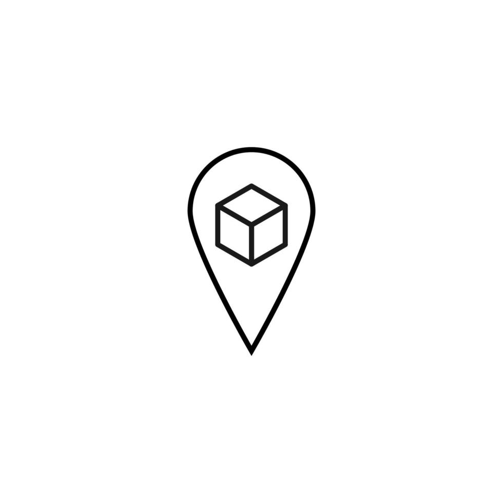 Vector symbol drawn with black thin line. Simple monochrome sign perfect for articles, books, stores, shops. Line icon of cube inside of geolocation sign