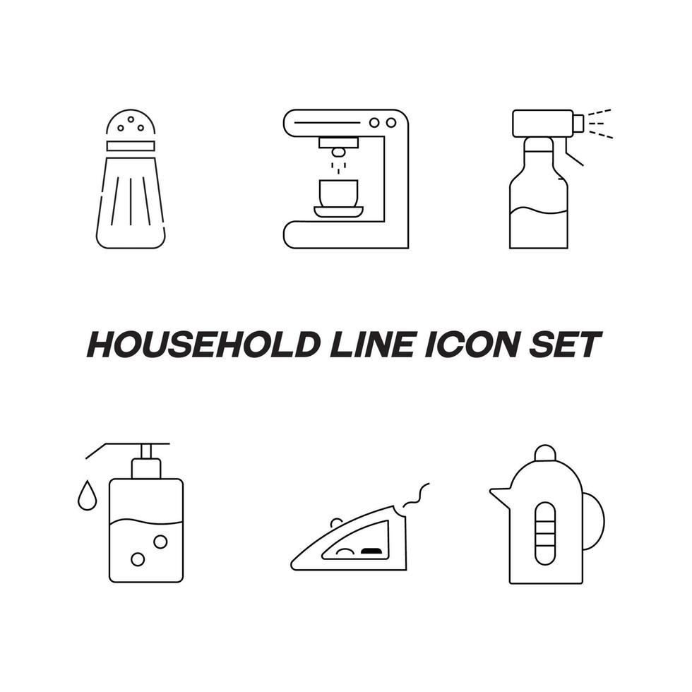 Household and daily routine concept. Collection of modern outline monochrome icons in flat style. Line icon set of salt shaker, coffee machine, water sprinkler, liquid soap, flat iron, kettle vector