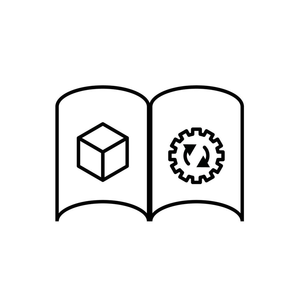 Vector outline symbol suitable for internet pages, sites, stores, shops, social networks. Editable stroke. Line icon of  gear and cube on pages of opened book