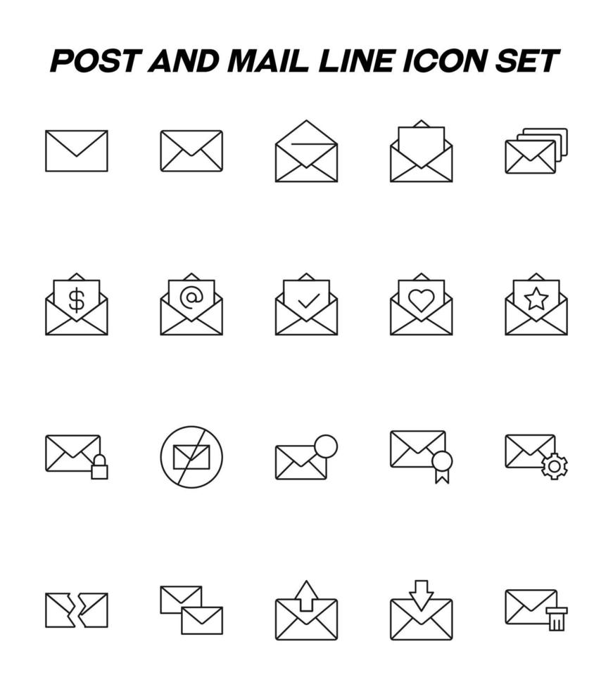 Post and letter monochrome sign. Outline symbols drawn with black thin line. Vector icon set with various items next to envelopes