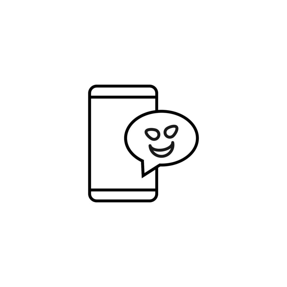 Internet chat and dialogue concept. Modern vector sign in flat style. Suitable for web sites, stores. Line icon of creepy smile inside of speech bubble by smartphone