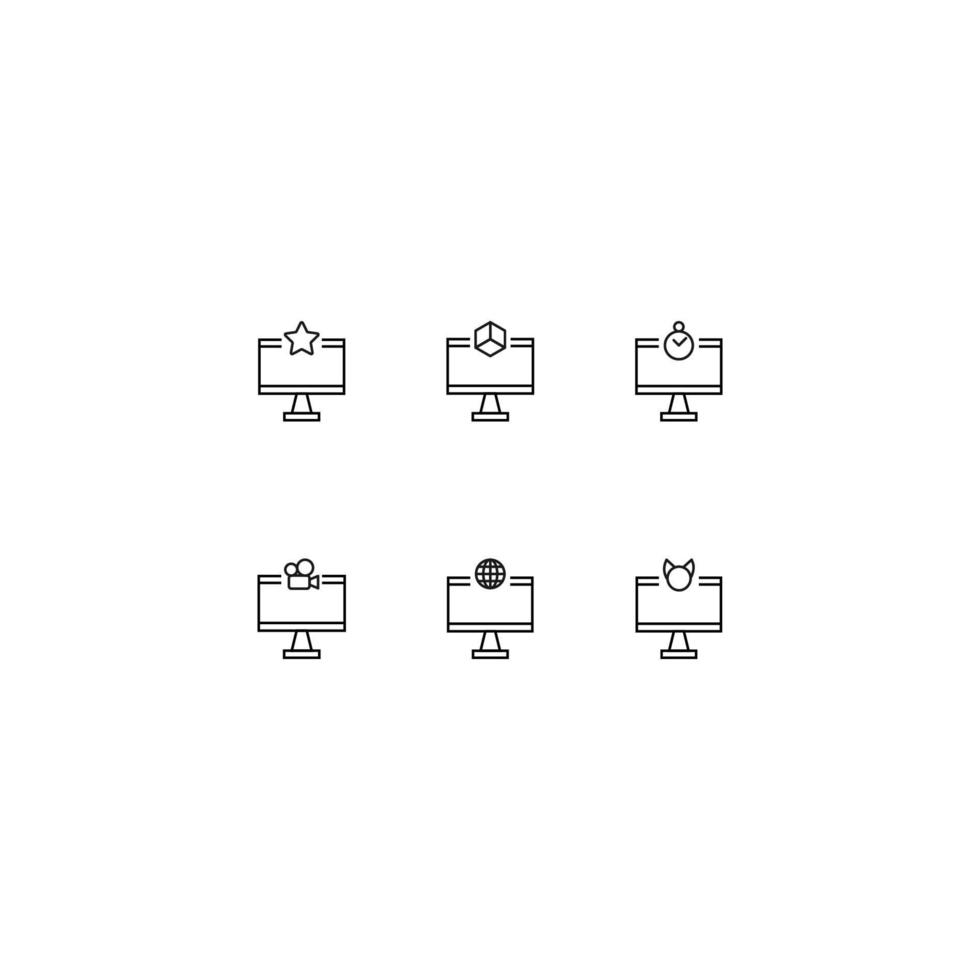 Line icon collection of vector signs and monochrome symbols drawn with black thin line. Suitable for shop, sites, apps. Star, cube, timer, camera, globe, animal muzzle inside of computer