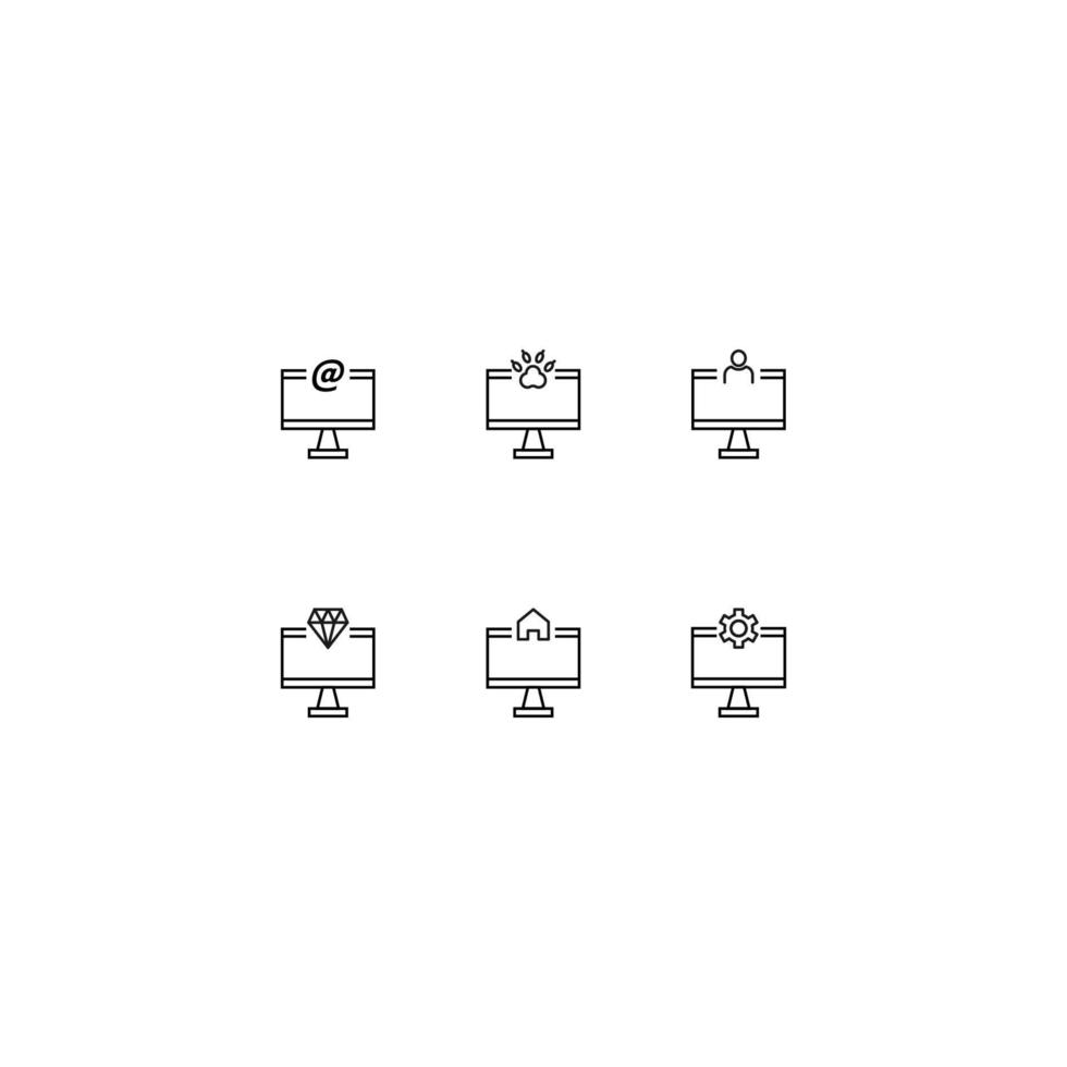 Line icon collection of vector signs and monochrome symbols drawn with black thin line. Suitable for shop, sites, apps. At sign, paw, user, gem, house, gear inside of computer