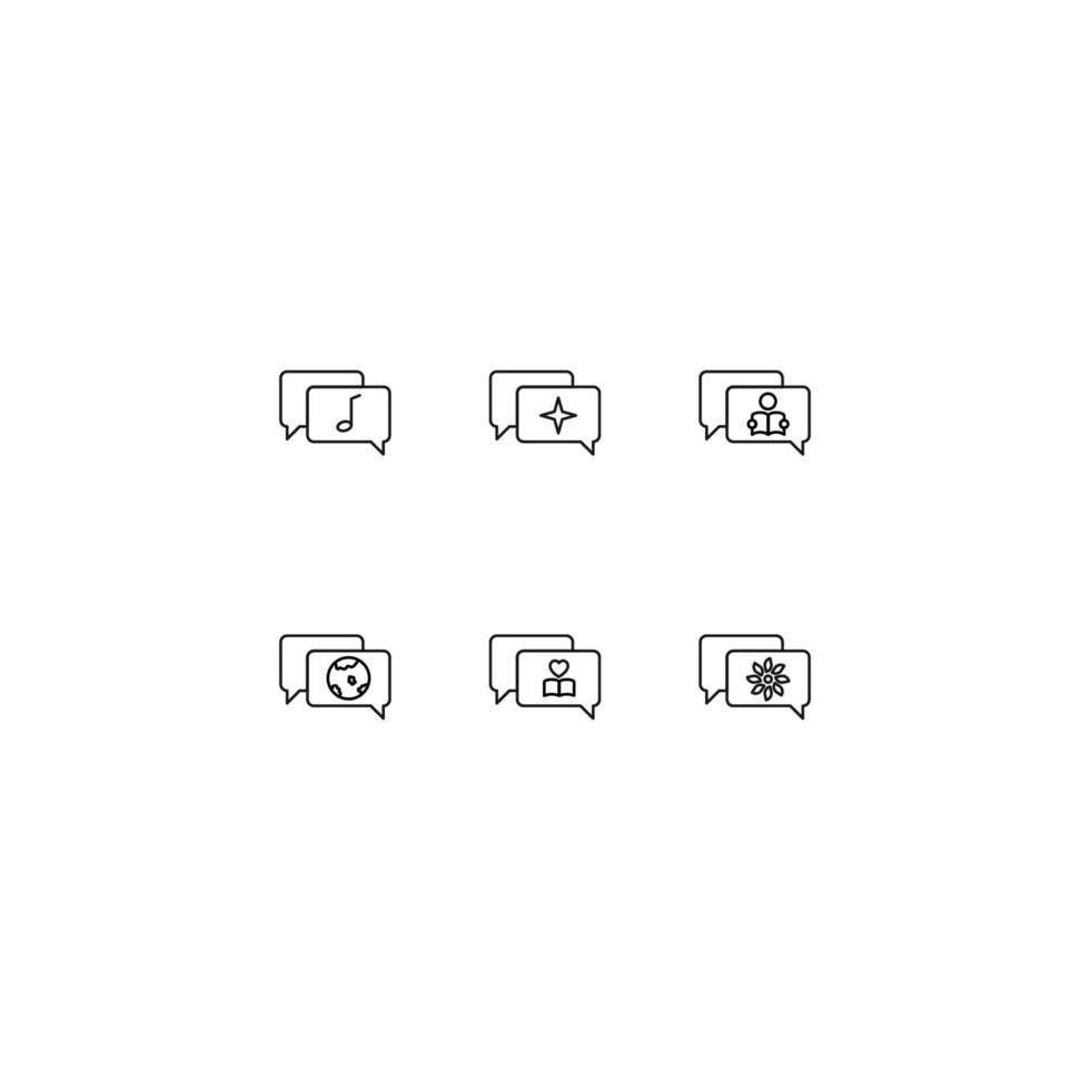 Line icon collection of vector signs and monochrome symbols drawn with black thin line. Suitable for shop, sites, apps. Musical note, star, reader, globe, heart over book, flower on speech bubble