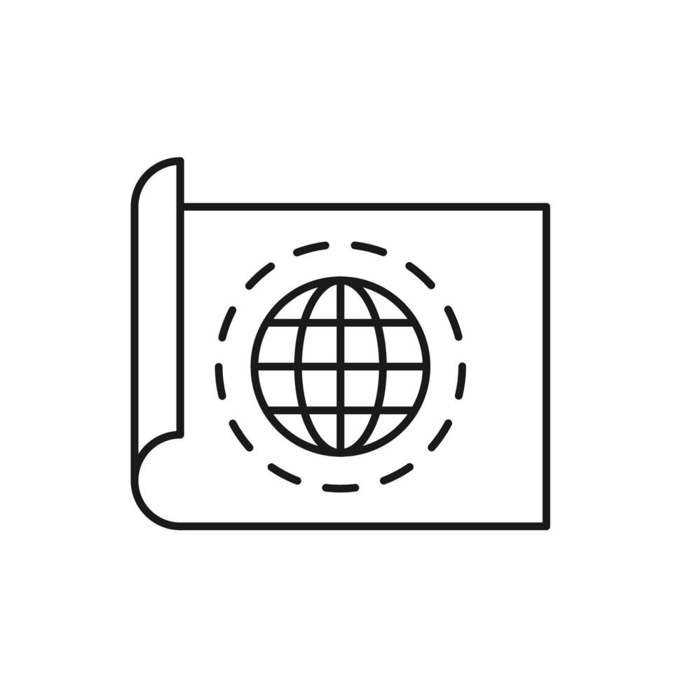 Vector outline symbol suitable for internet pages, sites, stores, shops, social networks. Editable stroke. Line icon of globe surrounded by dotted line on cover of sheet