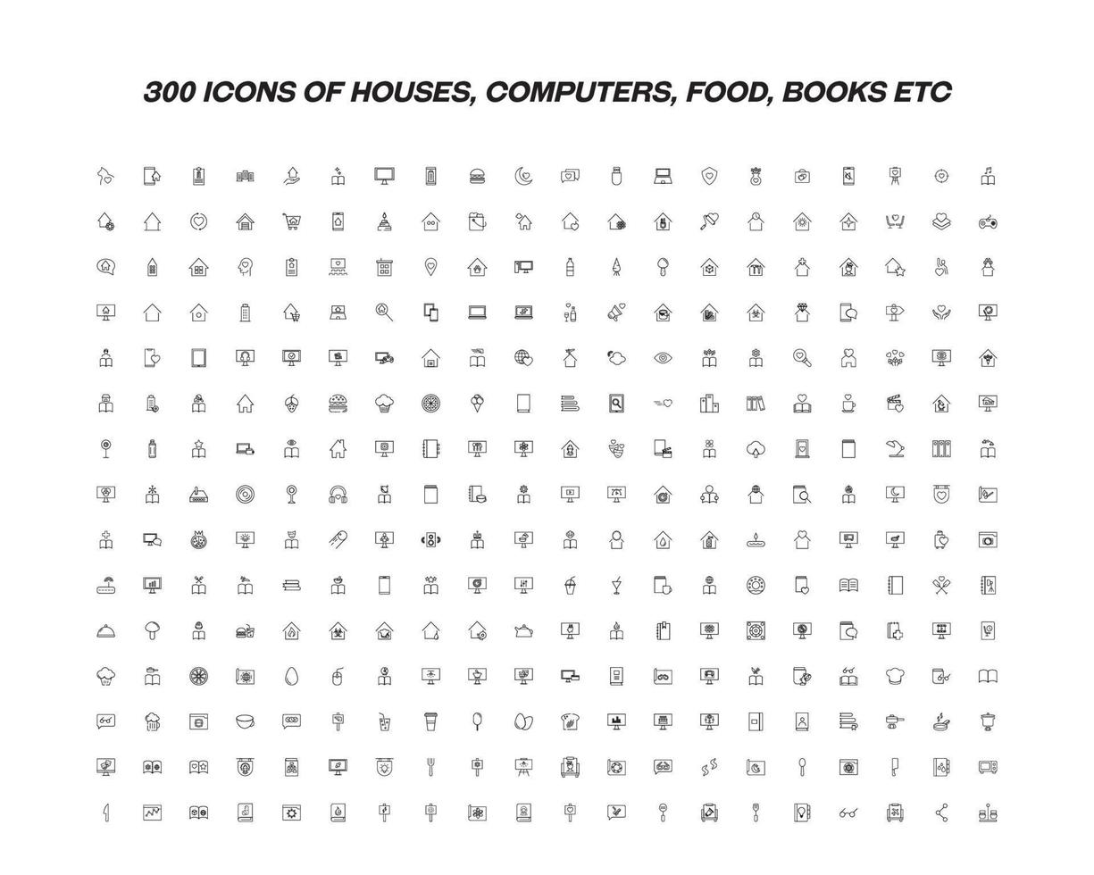 Big set of 300 icons drawn with thin line. Editable strokes in moder flat style. Vector line icons of computers, houses, food, items on hand etc