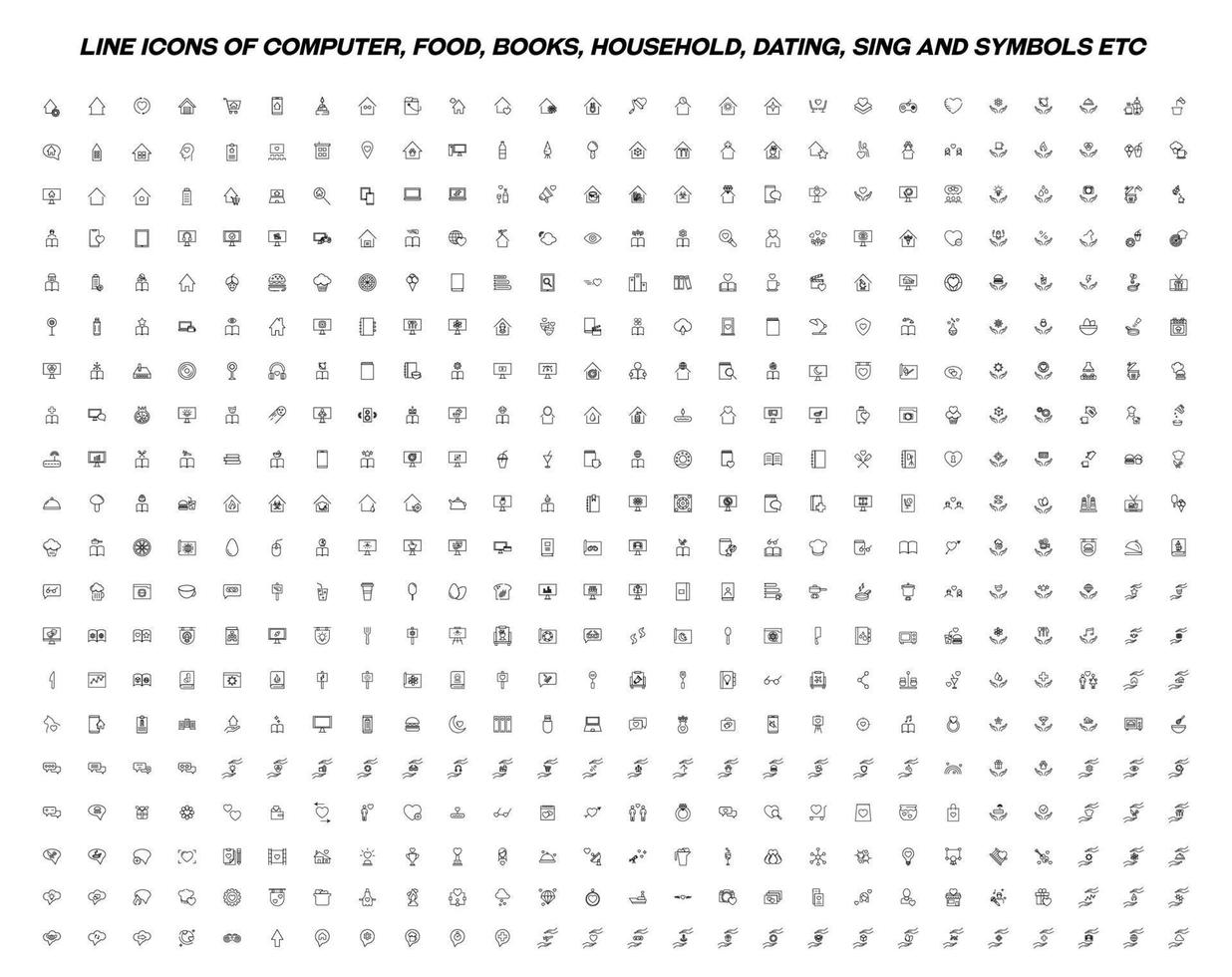 Vector line icon set. Collection of modern signs in flat style. Including icons of house, computer, food, household, kitchen, items on open hand. Editable strokes