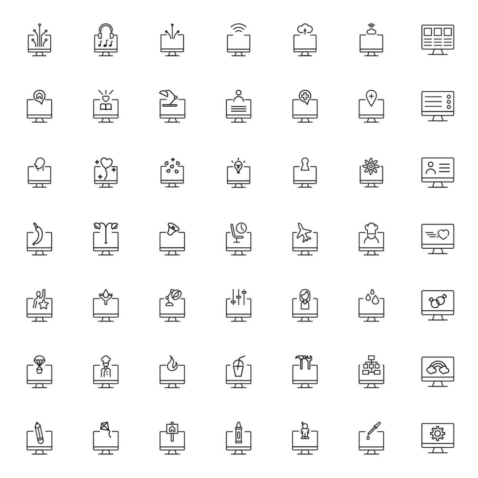 Item on pc monitor. Outline sign suitable for web sites, apps, stores etc. Vector line icons of various items and objects on computer monitor