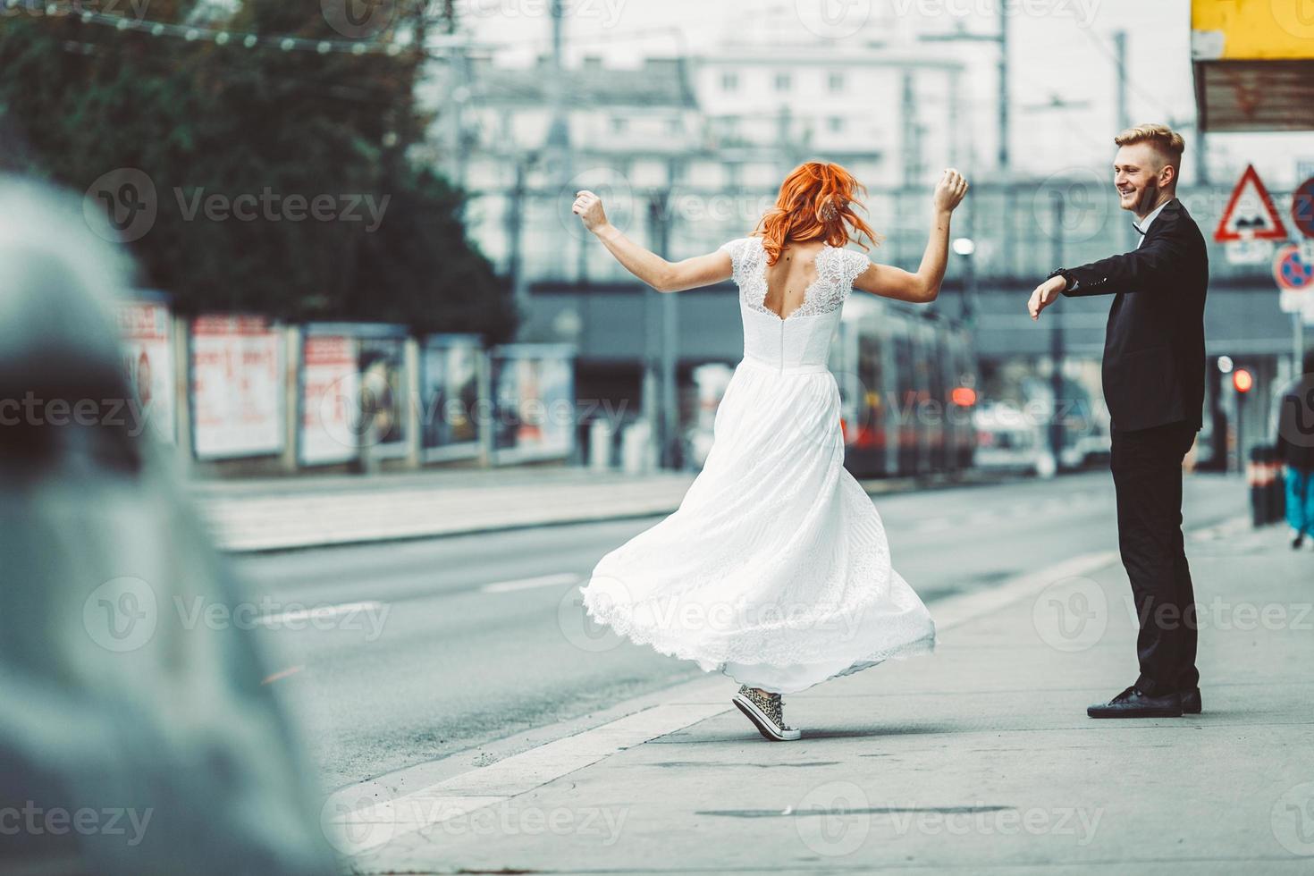 Wedding couple in a futuristic building photo