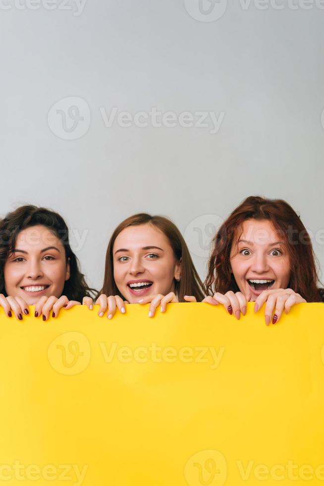 Three beautiful young girls posing for the camera photo