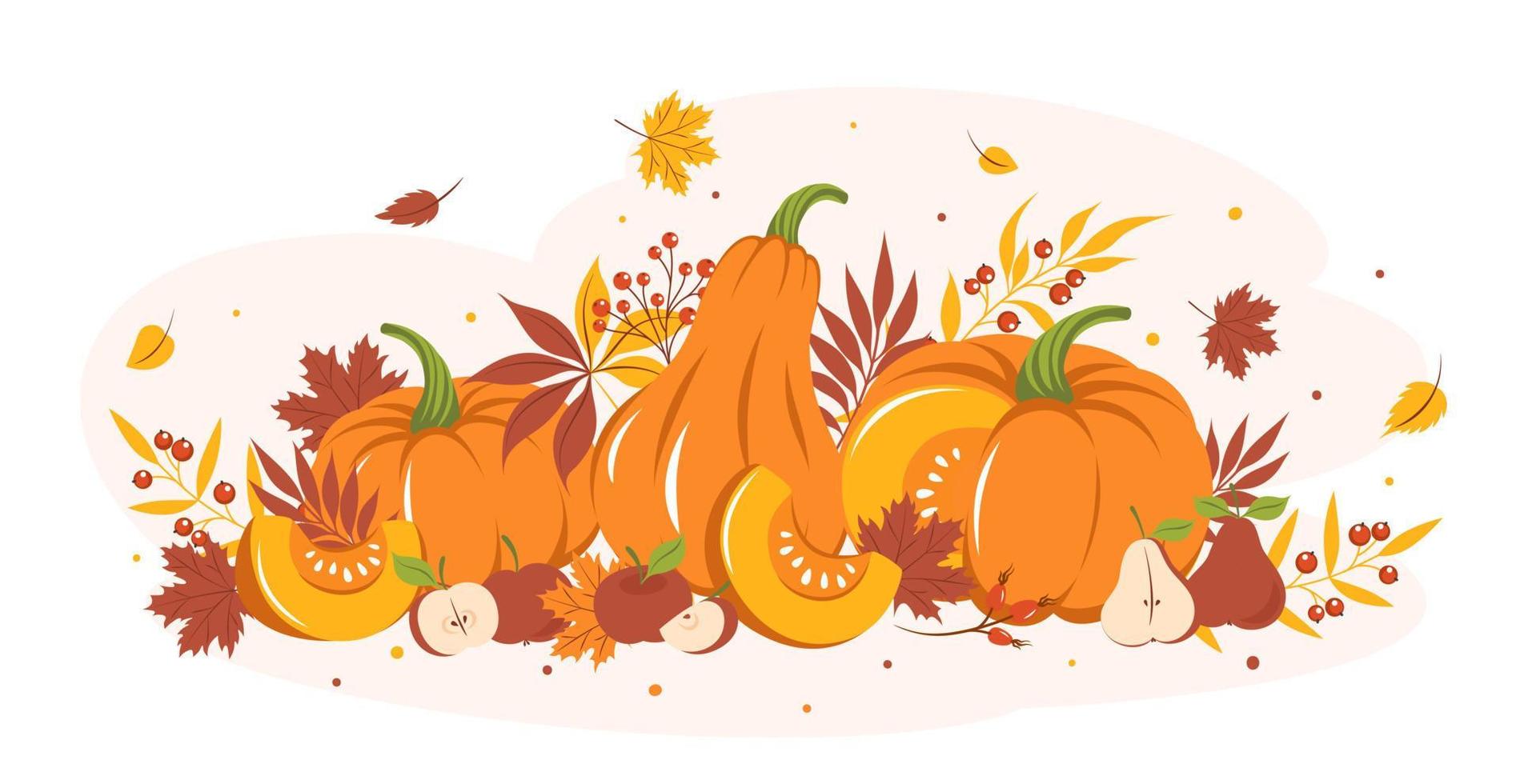 Card design with autumn colorful leaves, pumpkin and fruit. Happy thanksgiving. Vector illustration for holiday greeting card, banner, poster.