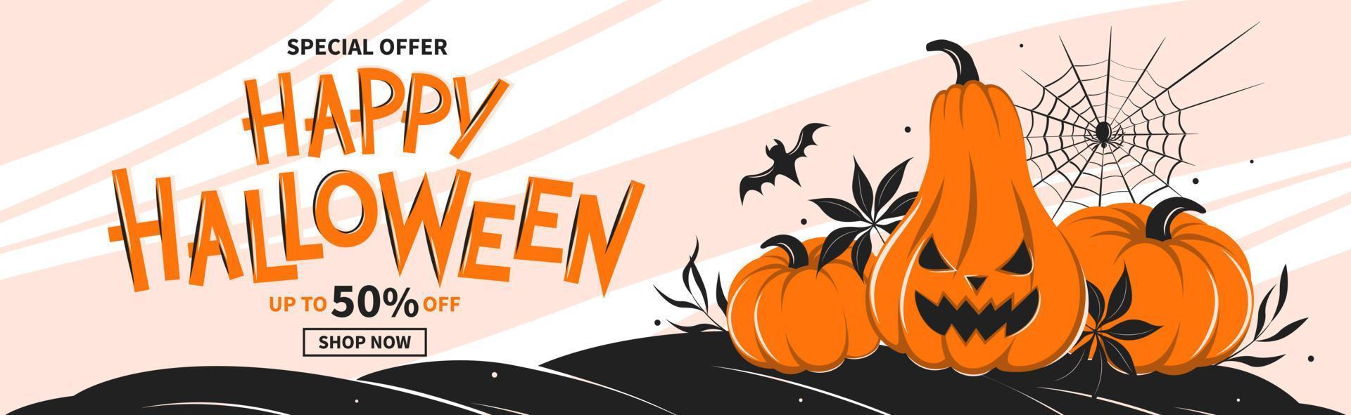 Halloween sale banner, seasonal promo offer discount poster for autumnal shopping. Pumpkins, cobwebs, spider and a bat. Vector illustration