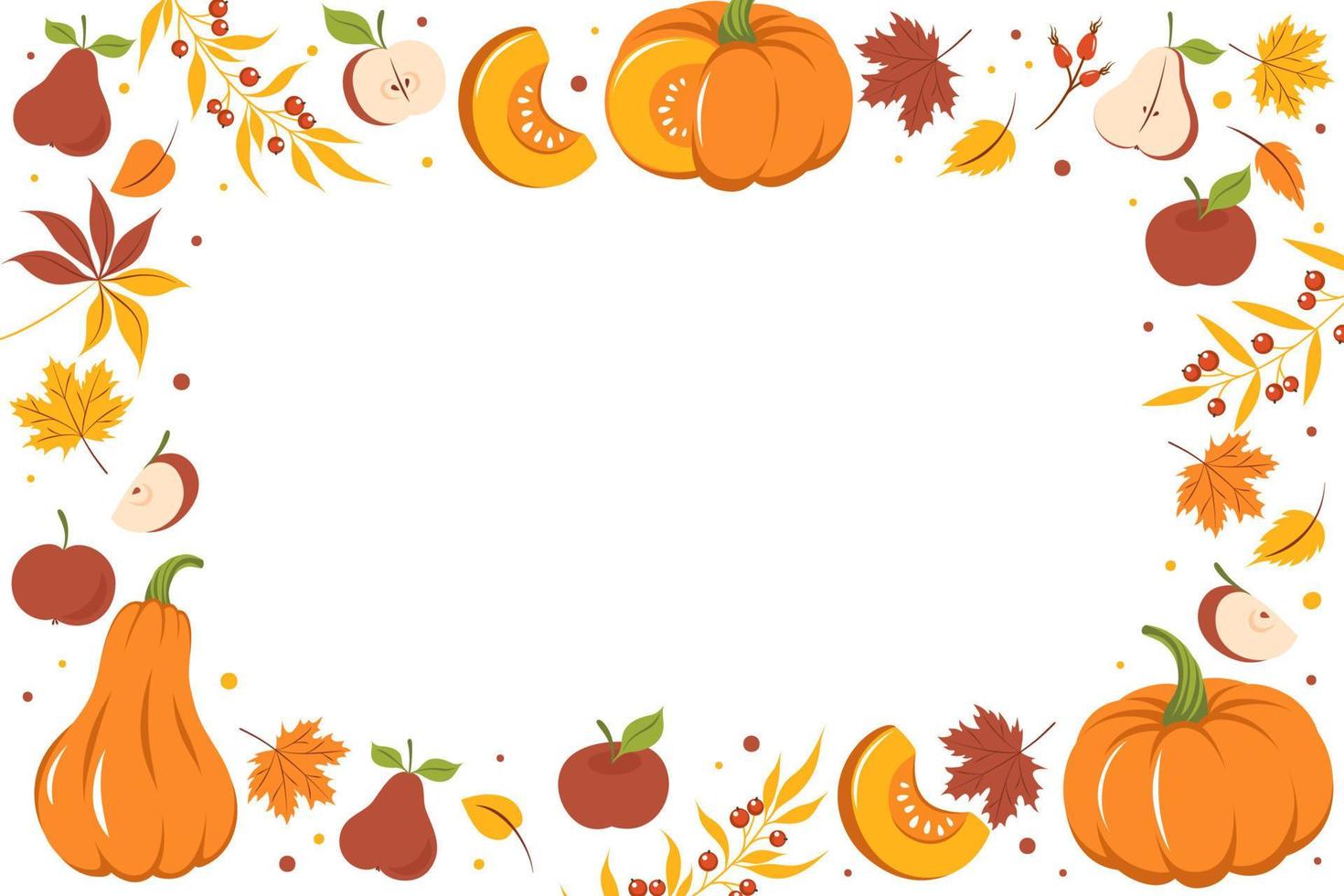 Set with pumpkin, autumn colorful leaves and fruit. Card design Happy thanksgiving. Vector illustration