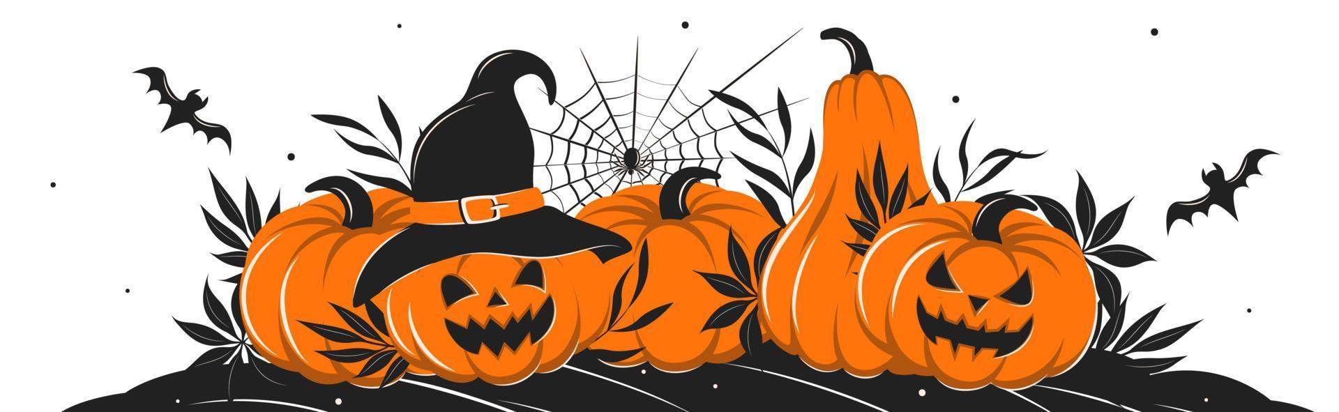 Happy Halloween. Banner with pumpkins, cobwebs, spider and a bat. Vector illustration for Holiday poster, greeting card, party invitation.