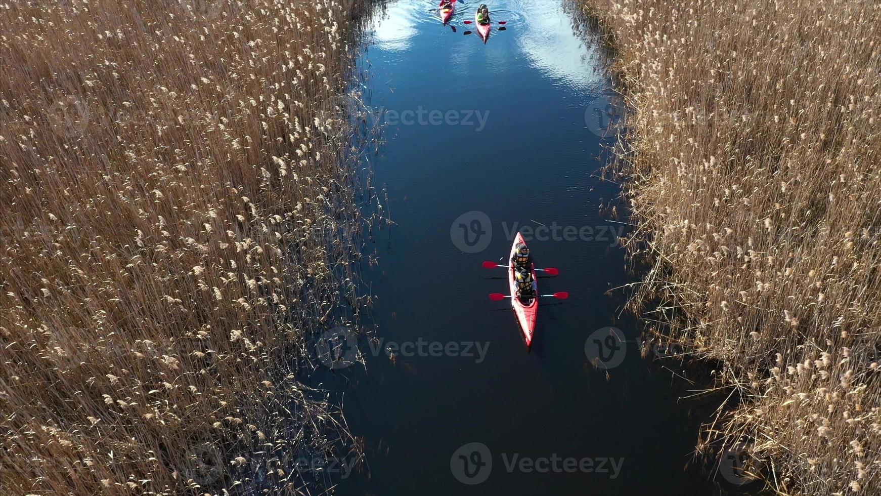 grupo de personas en kayaks entre juncos en el río de otoño. foto