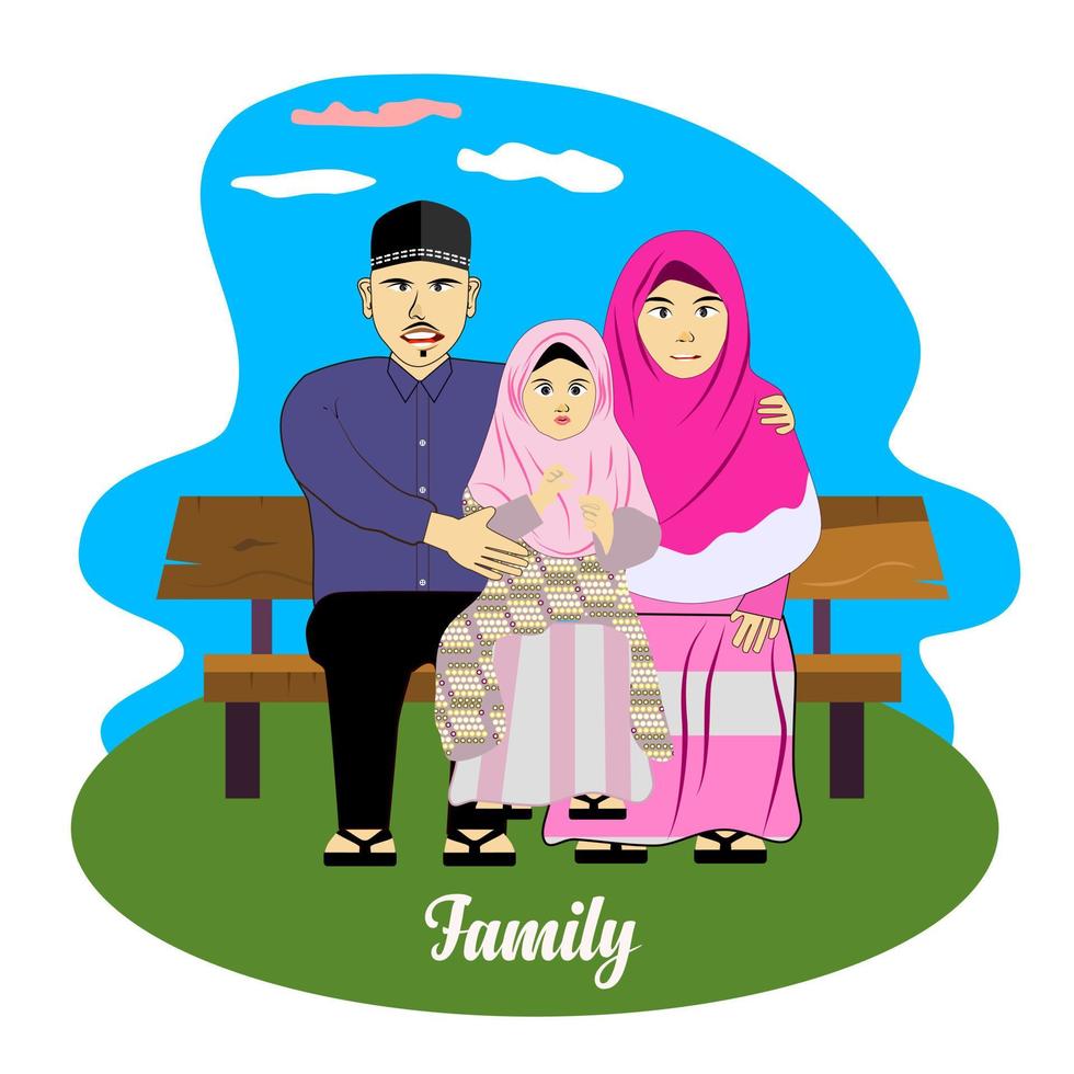 vector, ilustración familia musulmana islámica sentada en los parques vector