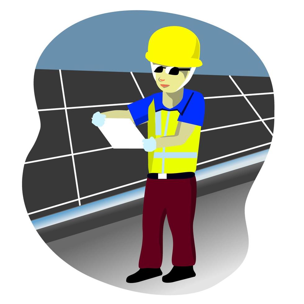 trabajadores vectoriales en cascos instalando paneles solares para portapapeles folleto, volante, diseño web, icono vector