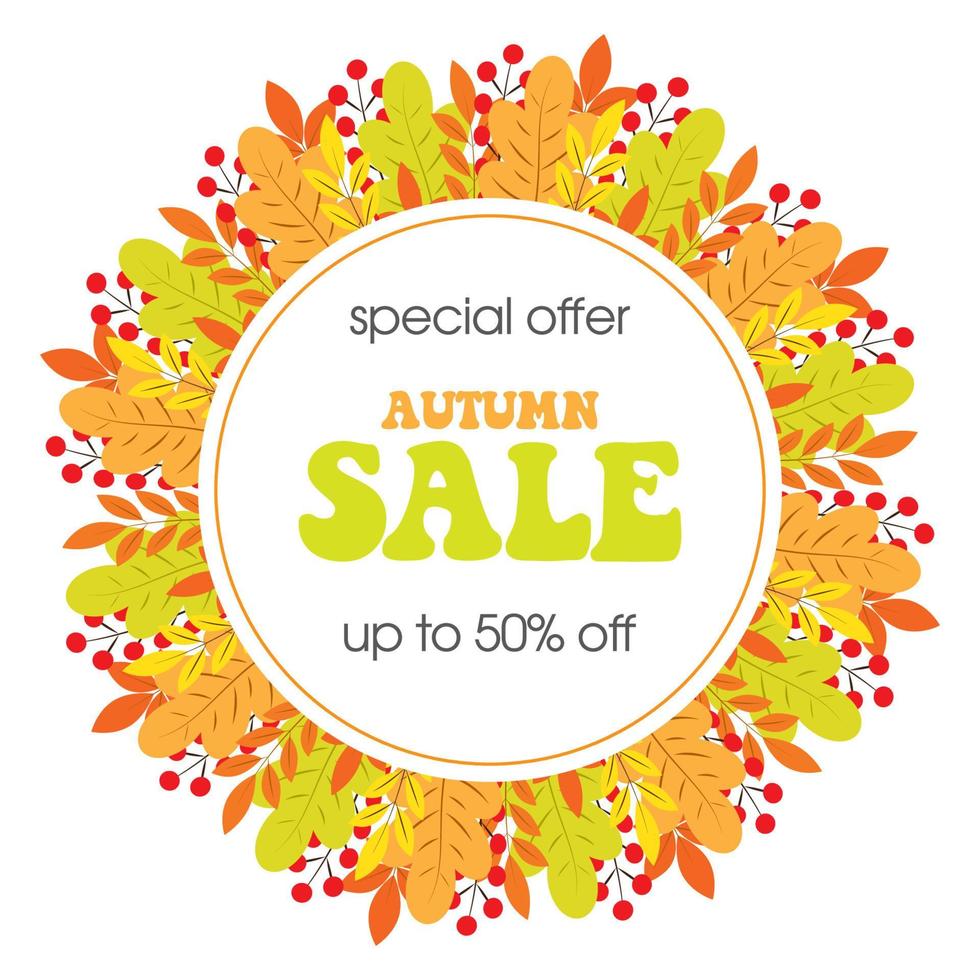 Autumn leaves round frame on white background. Autumn sale banner. Fall design for advertisement vector
