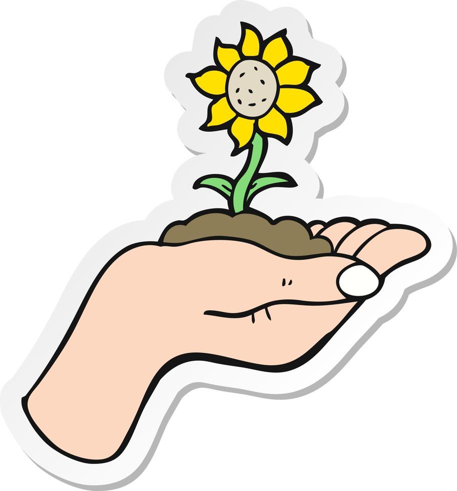 pegatina de una flor de dibujos animados que crece en la palma de la mano vector