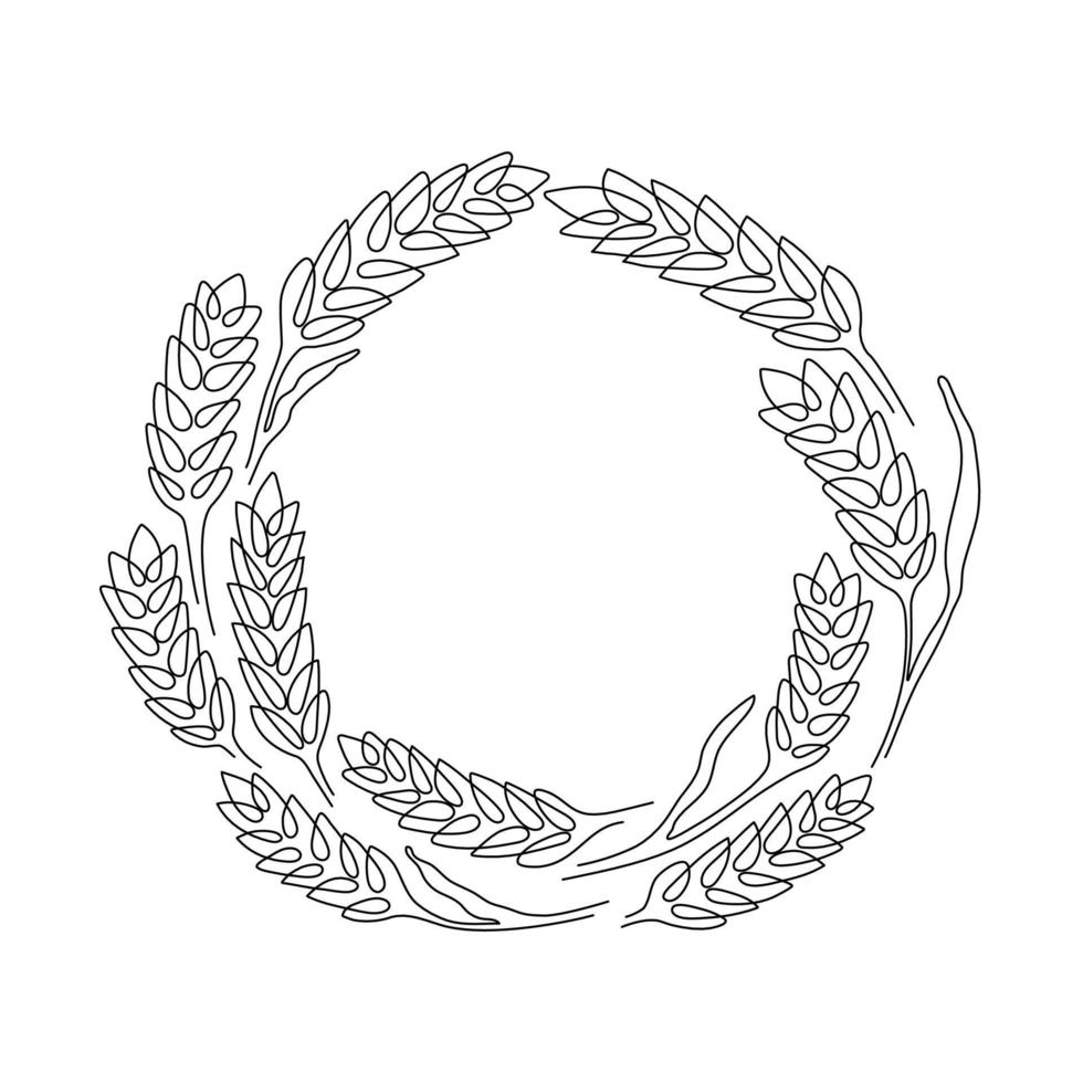 Wheat grain ear circle wreath frame outline,art line drawing. Linear sketch of wheat, barley, rice, corn, oat ear and grain. Outline spica plant for agriculture, cereal products, bakery. Vector
