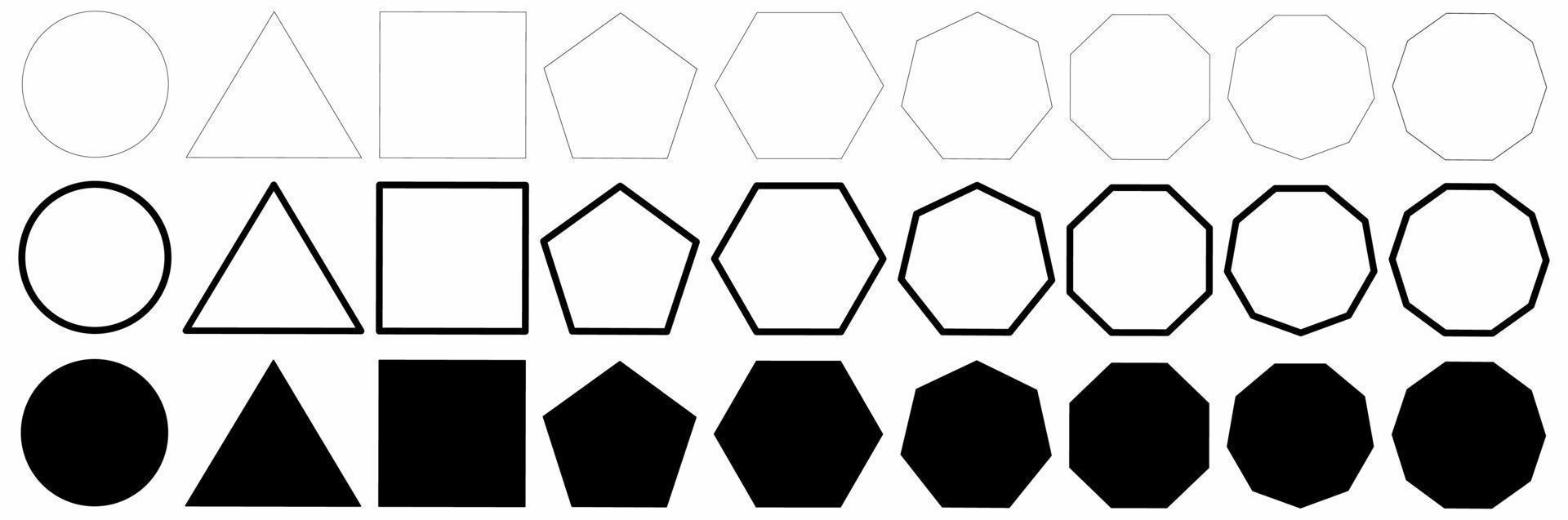 set of polygons shape.square,circle, triangle, quadrangle, pentagon, hexagon, heptagon, octagon, nonagon,decagon vector