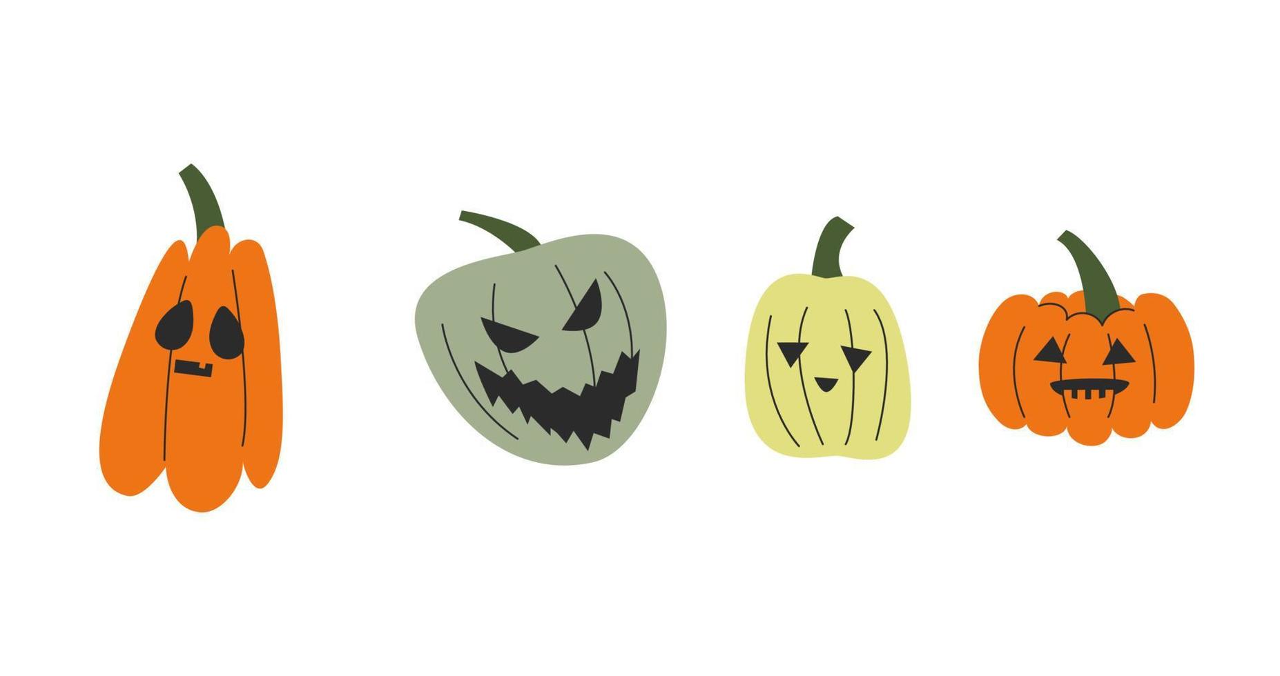 Collection of colorful four hand drawn pumpkins with cut out faces. Halloween time. Vector stock illustration isolated on white background.