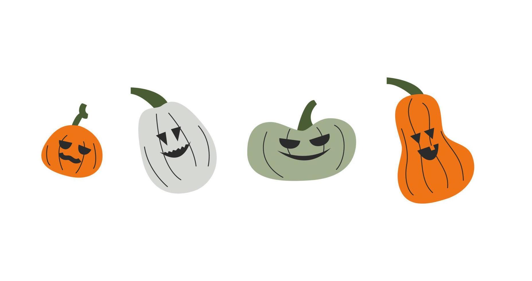 Collection of colorful four hand drawn pumpkins with cut out faces. Halloween time. Vector stock illustration isolated on white background.