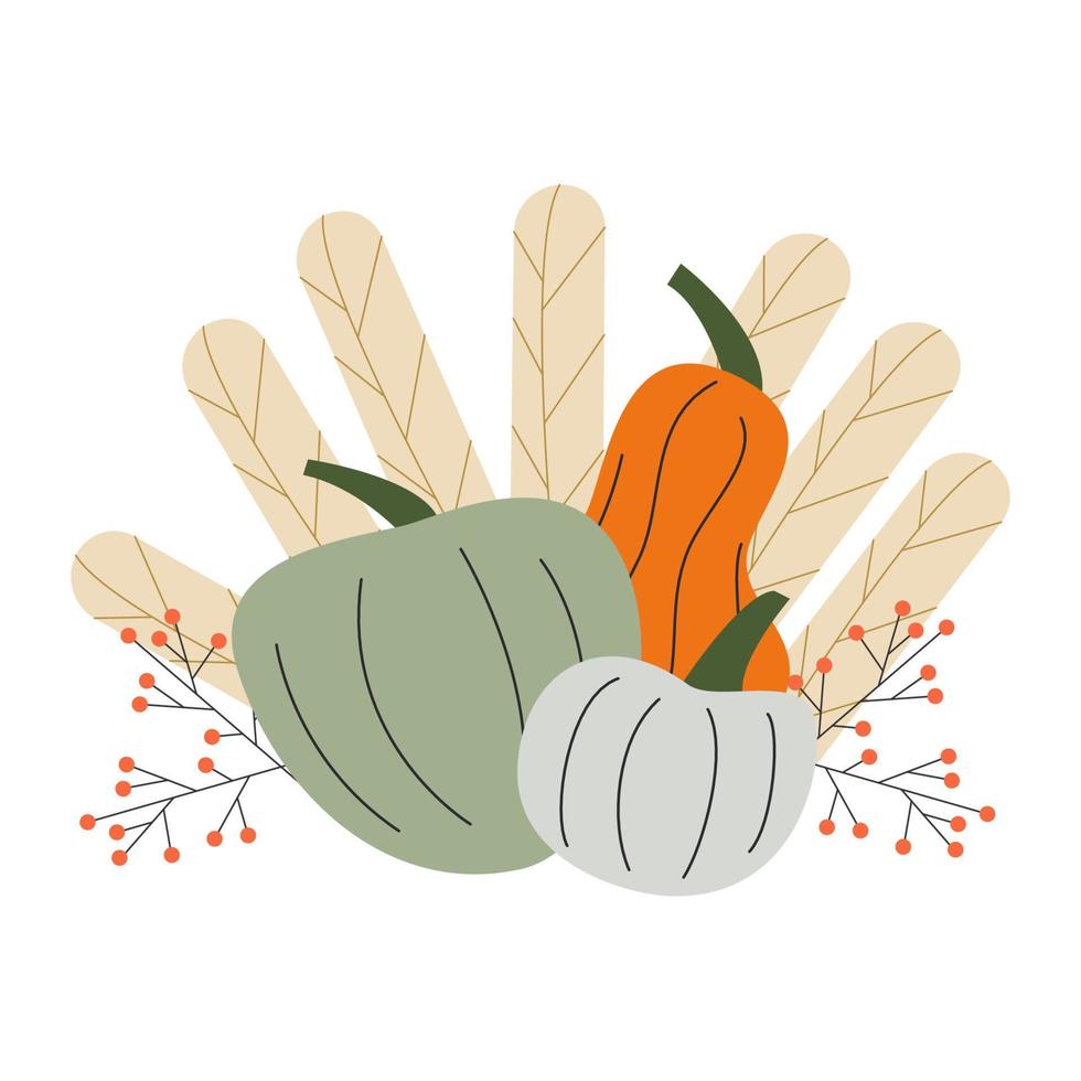 Autumn card with three hand drawn pumpkins and twigs with berries. Postcard for autumn time and thanksgiving day. Vector stock illustration isolated on white background.