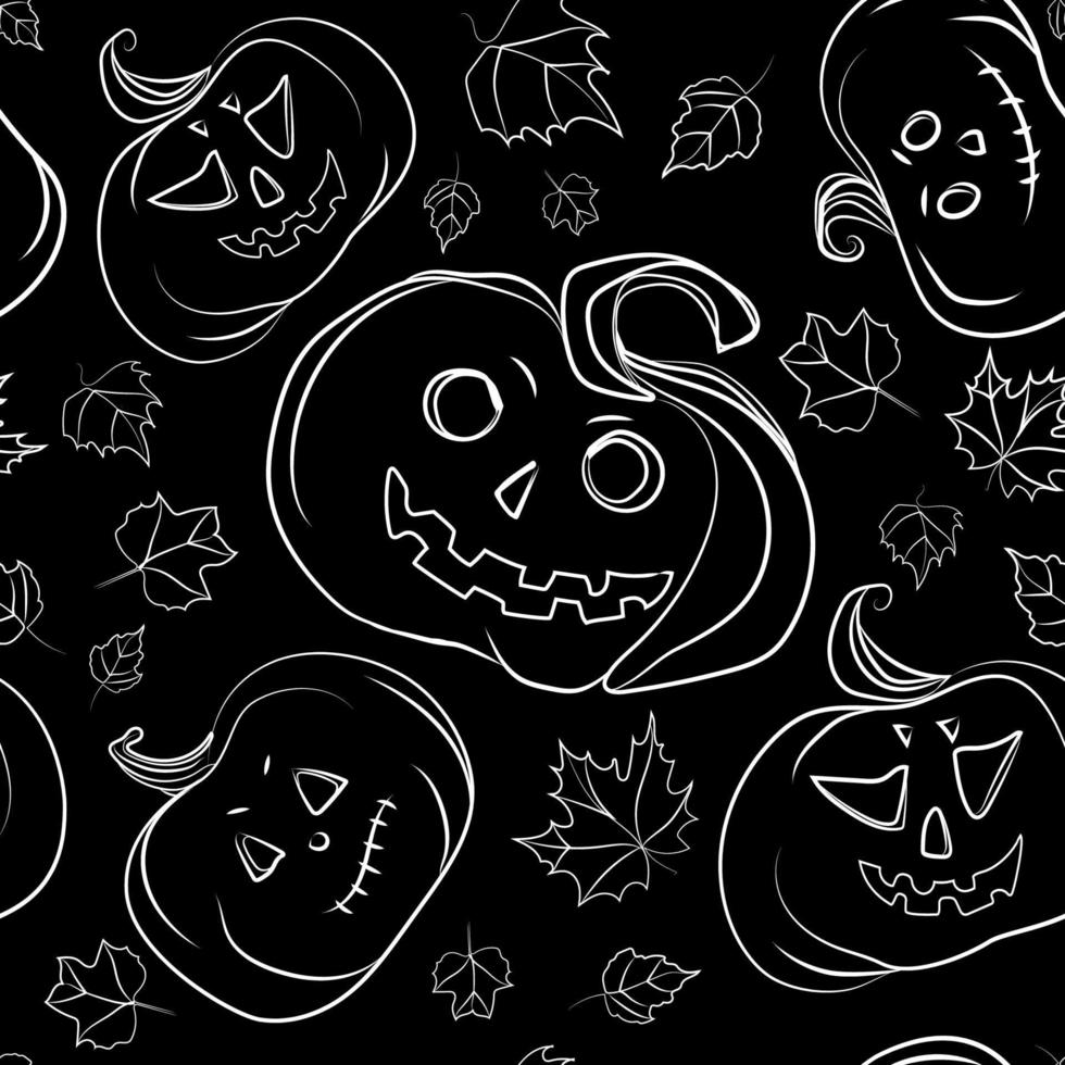 Halloween pumpkins seamless pattern,line art drawing sketch on black background,vector illustration.Pumpkins with falling autumn leaves seamless background vector