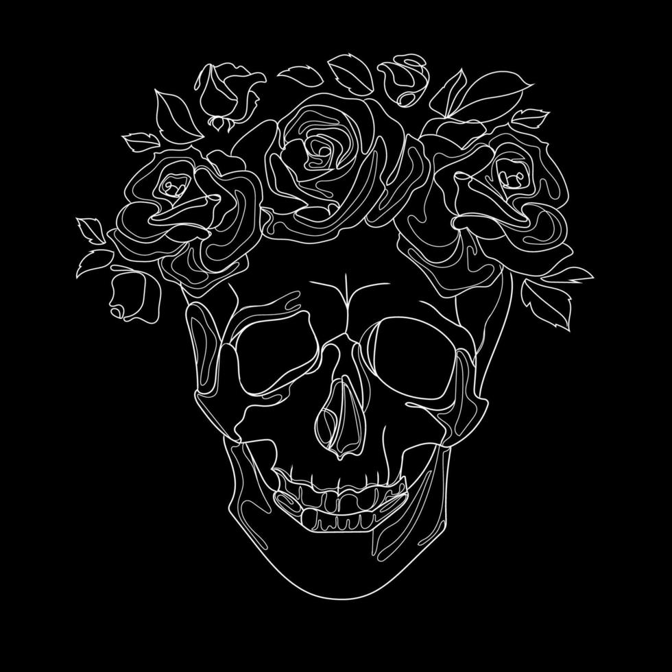 Human skull and flower wreath line art drawing on black background,Vector illustration.Skull with roses wreath.Los muertos.Symbol liner design for print,t-shirt,emblem,logo,tattoo vector