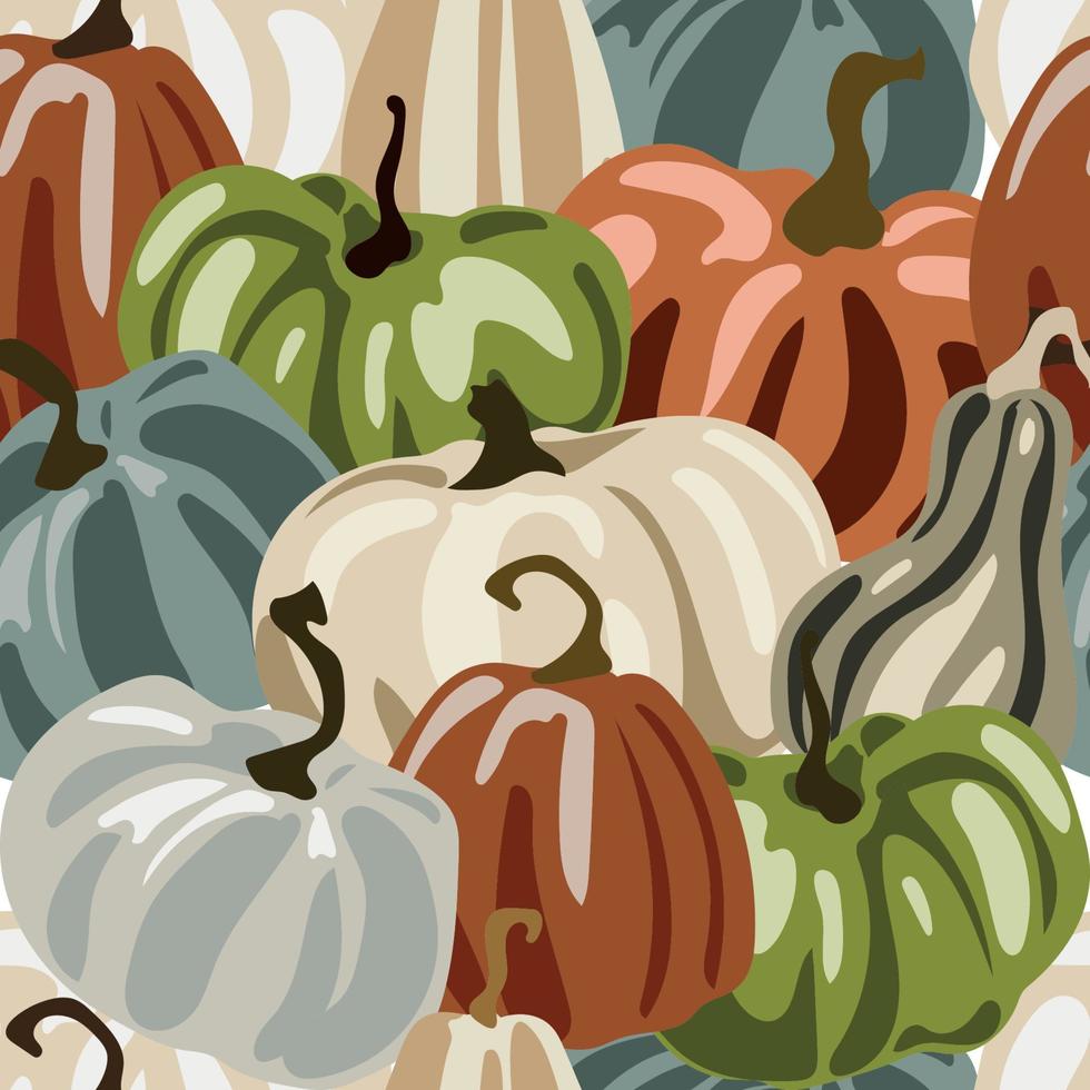 Ripe pumpkins of different varieties and shapes seamless pattern in modern style.Vector illustration.Great for fabrics, wrapping papers, wallpapers, covers. Autumn farming garden theme.Pumpkin texture vector