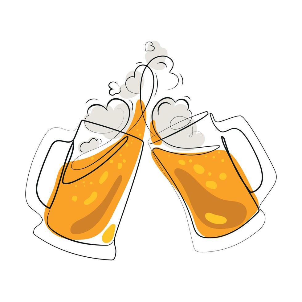 Two toasting beer mugs line drawing Minimal art vector isolated illustration on white, Cheers. Clinking glass tankards full of beer and splashed foam in the shape of hearts. Mugs with beer color image