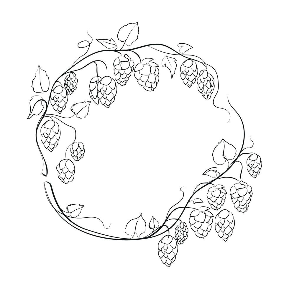 Hops round frame wreath branches with leaves, cones black and white Line drawing vector illustration sketch.Beer hops.hop ordinary branch.Design emblems,label,icon and more