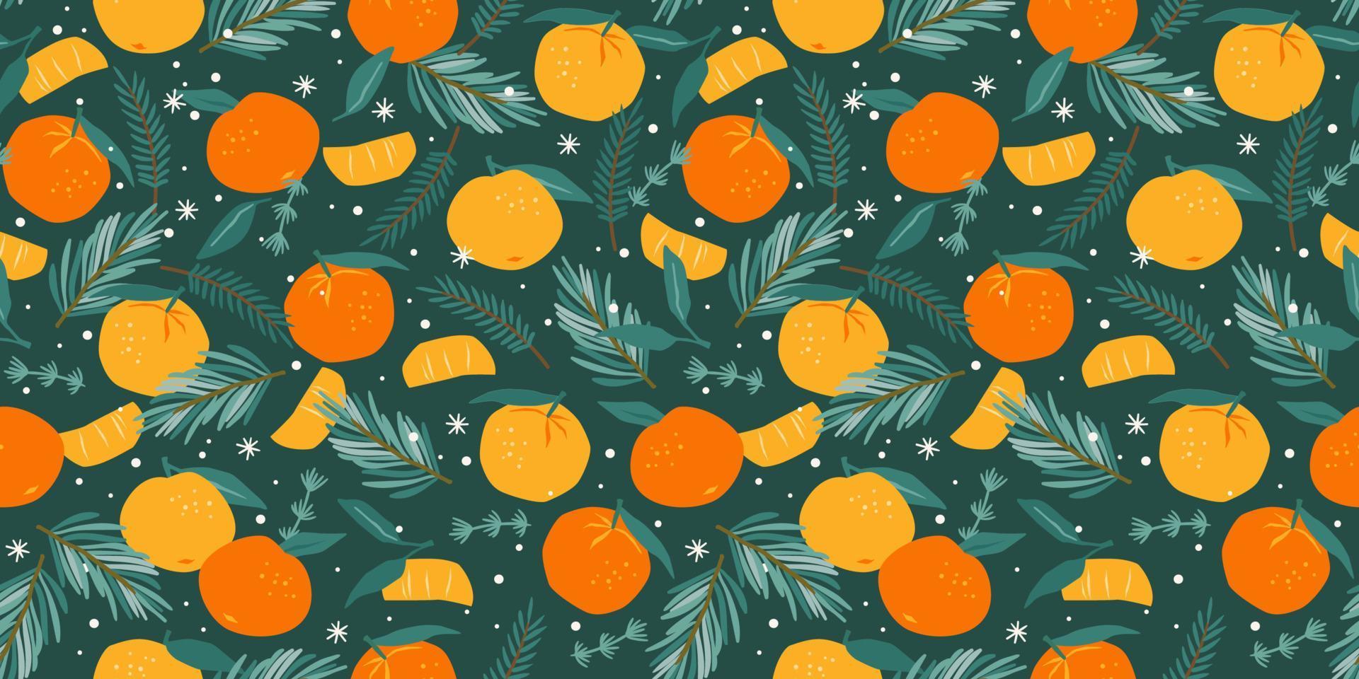 Christmas and Happy New Year seamless pattern. Christmas tree and tangerines. New Year symbols. Vector design template.