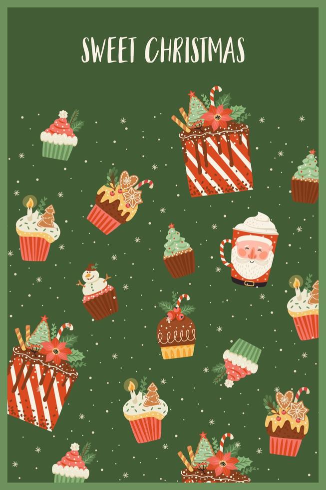 Christmas and Happy New Year illustration with christmas sweet and drink. Trendy retro style. Vector design template.