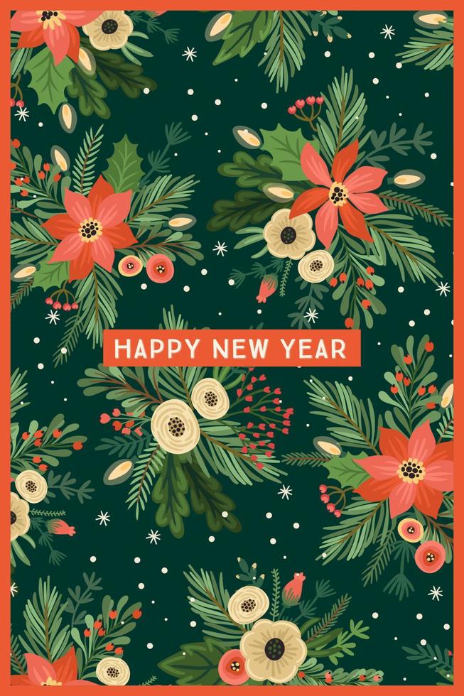 Christmas and Happy New Year illustration with flower arrangement. Christmas tree, flowers, berries. New Year symbols. Vector design template.