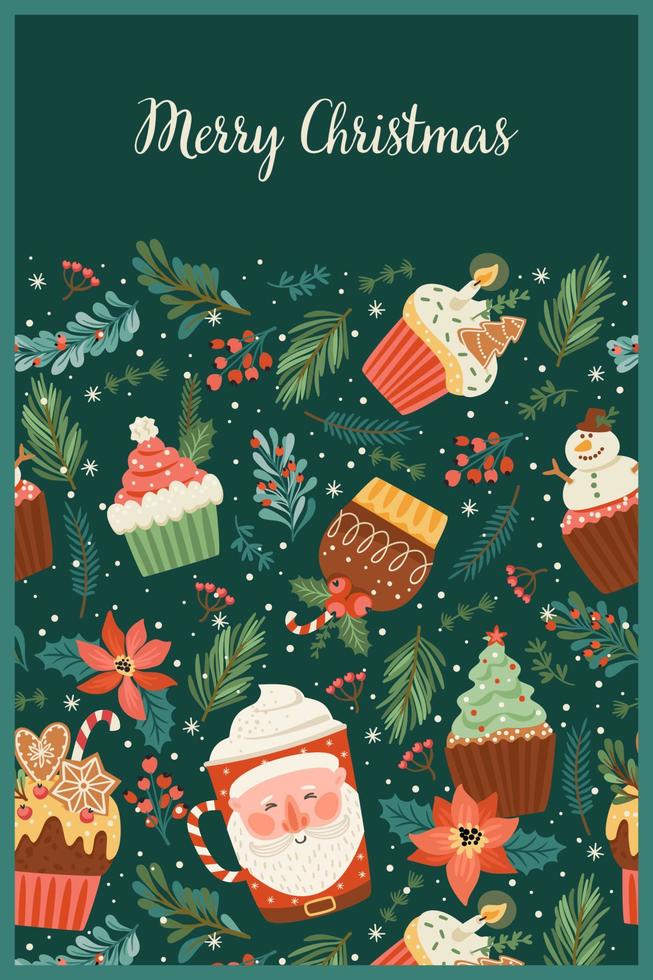 Christmas and Happy New Year illustration with christmas sweet and drink. Trendy retro style. Vector design template.
